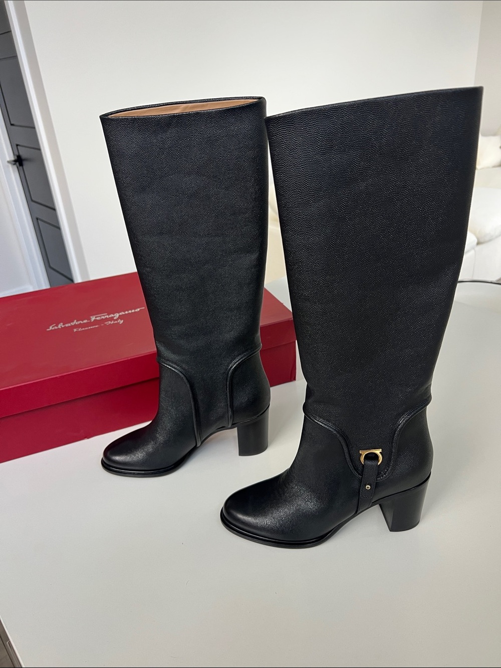 Salvatore Ferragamo flavius black leather gold tone hardware heeled knee boots